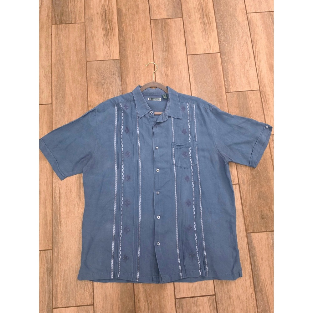 Cubavera Mens XL Blue Linen Blend Embroidered Guayabera Short Sleeve Shirt